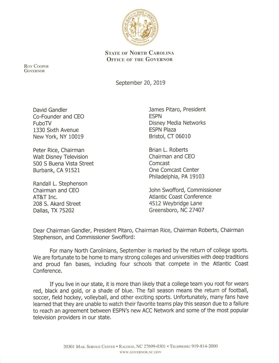 Gov. Roy Cooper sends letter to Swofford, ACC Network urging solutions ...