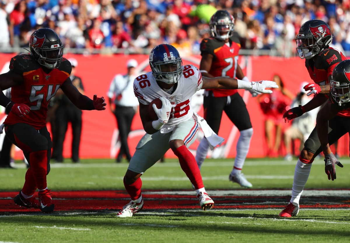 Sep 22, 2019; Tampa, FL, USA; New York Giants wide receiver Darius Slayton (86) runs the ball against the Tampa Bay Buccaneers during the second quarter at Raymond James Stadium.