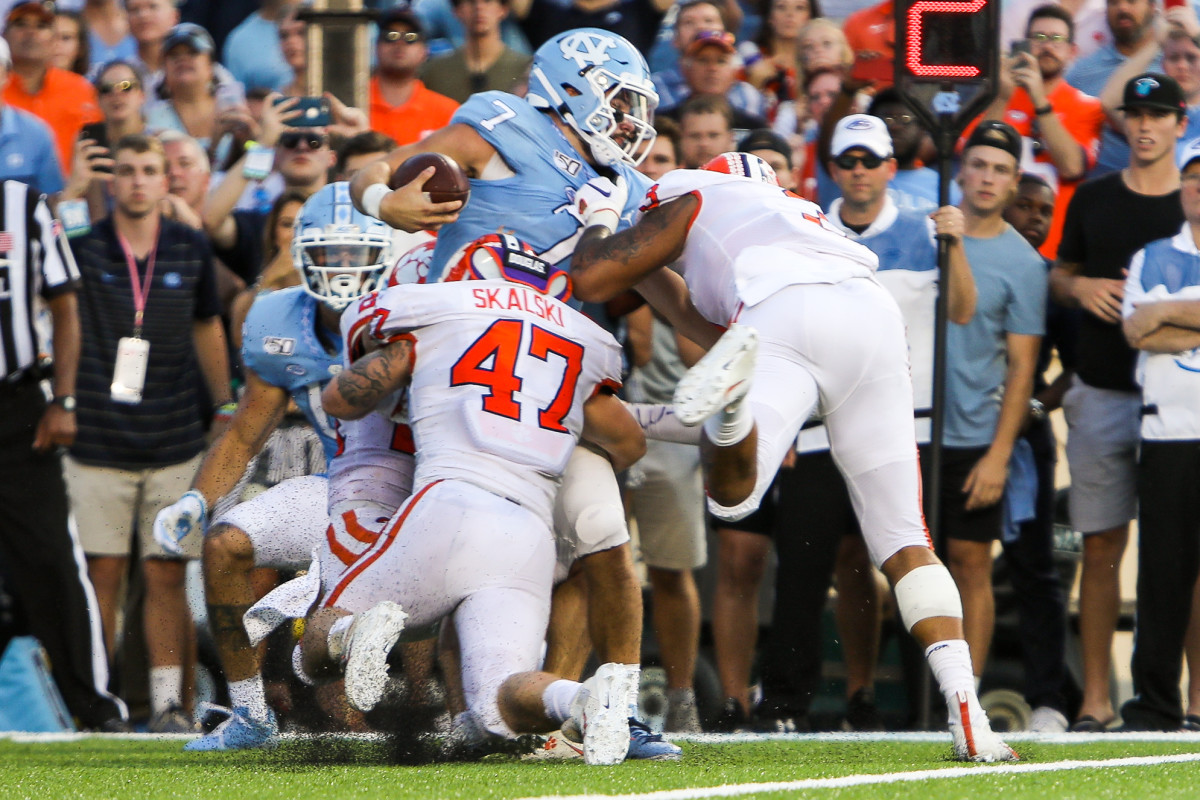 James Skalski with Xavier Thomas (3) make a crucial stop on a 2 pt conversion to defeat North Carolina, September 28, 2019.