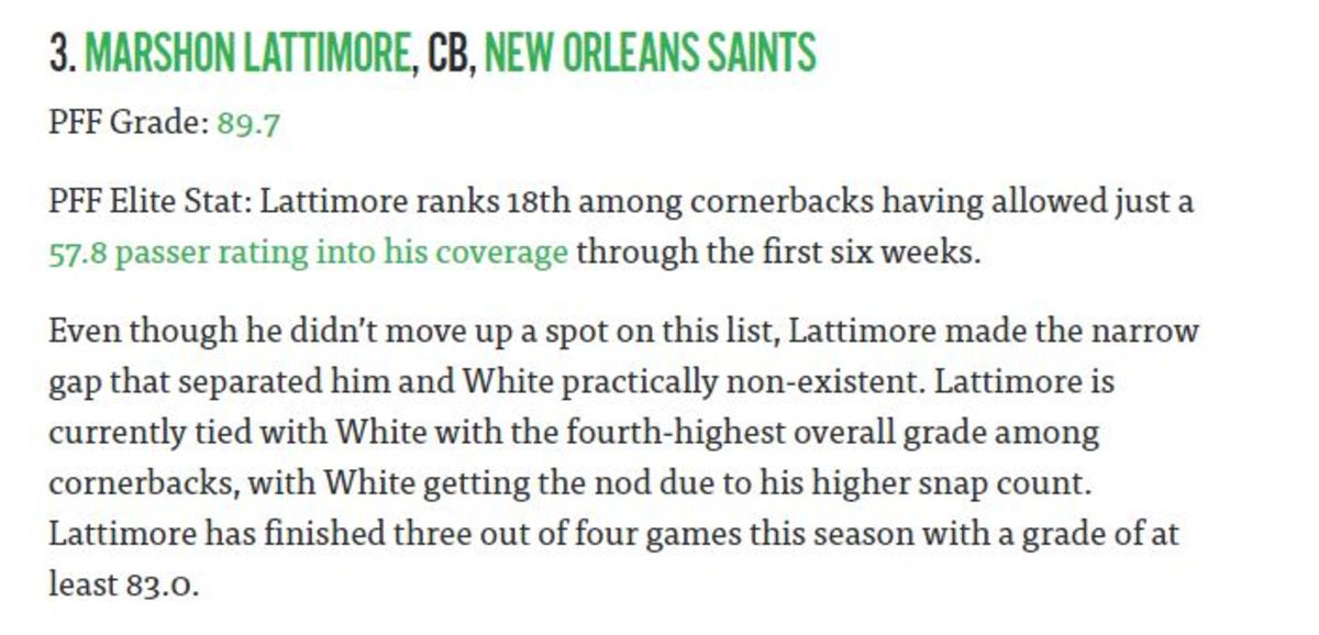 Marshon Lattimore, New Orleans Saints CB, NFL and PFF stats