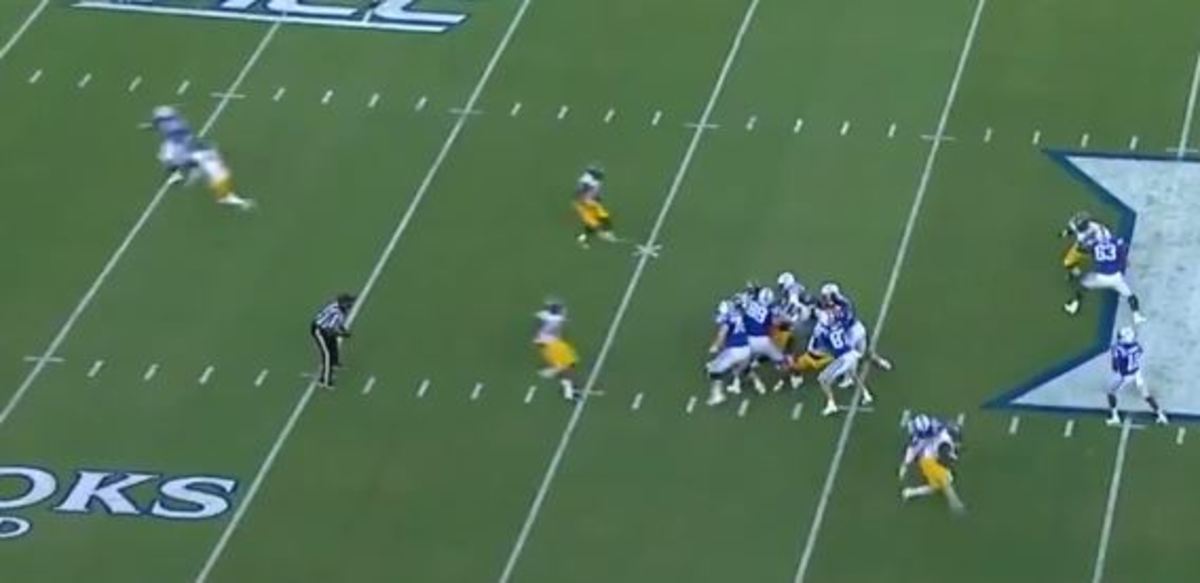 The NC A&T DB goes down from trying to follow Calhoun's move (top left)