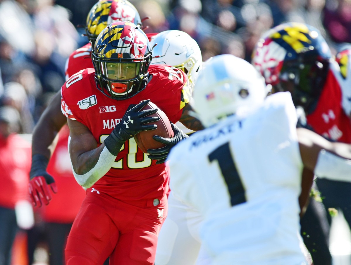 West Lafayette, IN, USA; Maryland Terrapins running back Antwaine Richardson (20) scores against the Purdue Boilermakers in the first half at Ross-Ade Stadium. Mandatory Credit: Thomas J. Russo-USA TODAY Sports