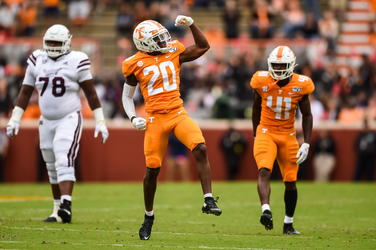 Oct 12, 2019; Knoxville, TN, USA; Tennessee Volunteers defensive back Bryce Thompson (20) celebrates in the second quarter in a game against the Mississippi State Bulldogs at Neyland Stadium. Mandatory Credit: Bryan Lynn-USA TODAY Sports