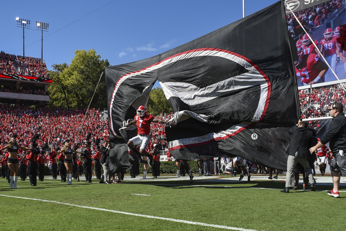 D'Andre Swift jumps out of the banner against South Carolina.