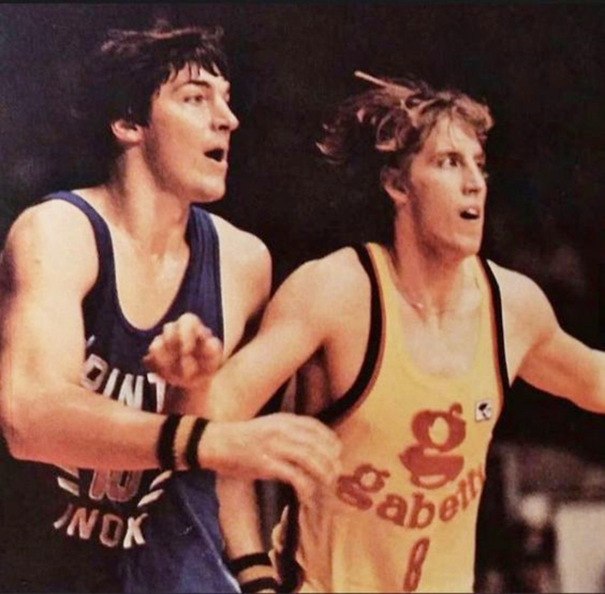  Bruce Flowers (right) tangling with Bill Laimbeer during a game in Italy.