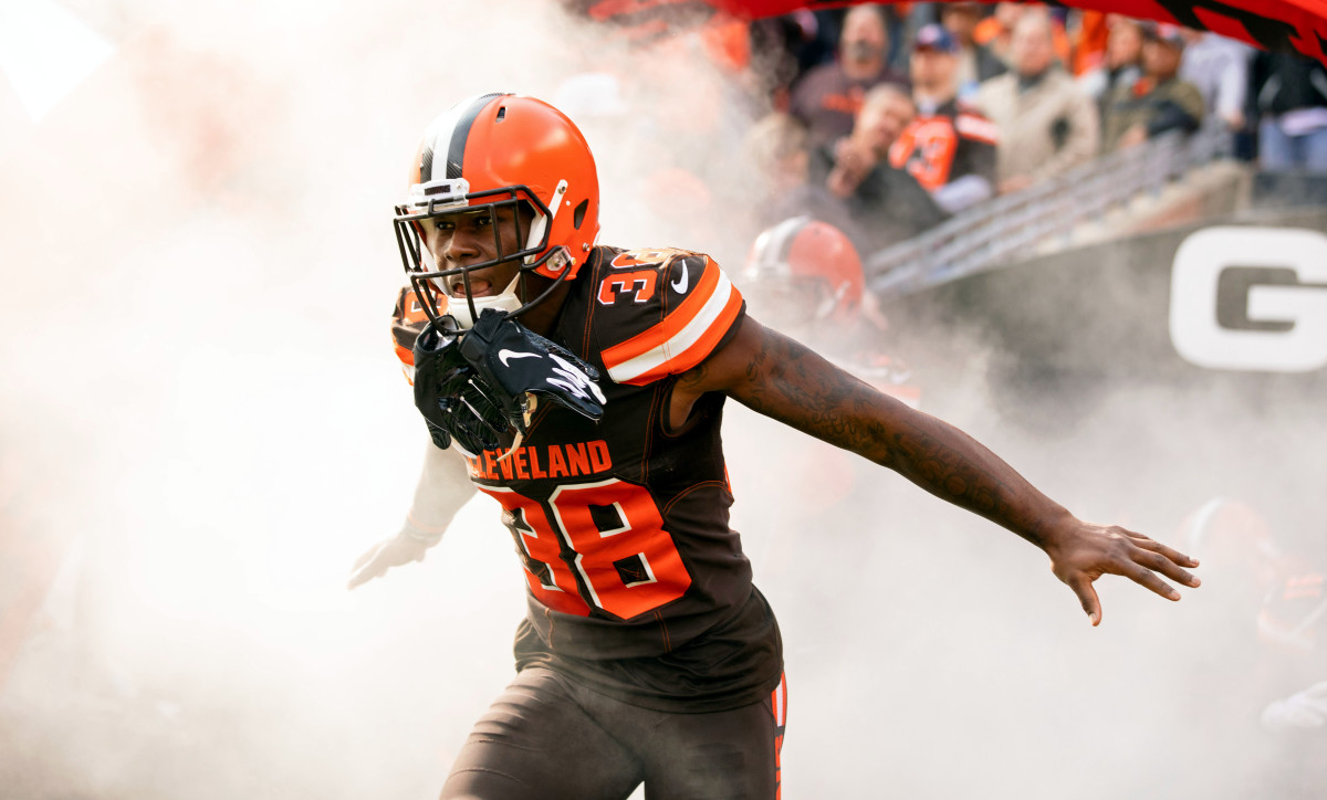 Nov 4, 2018; Cleveland, OH, USA; Cleveland Browns defensive back T.J. Carrie (38) runs onto the field for team introductions before the game against the Kansas City Chiefs at FirstEnergy Stadium. Mandatory Credit: Scott R. Galvin-USA TODAY Sports