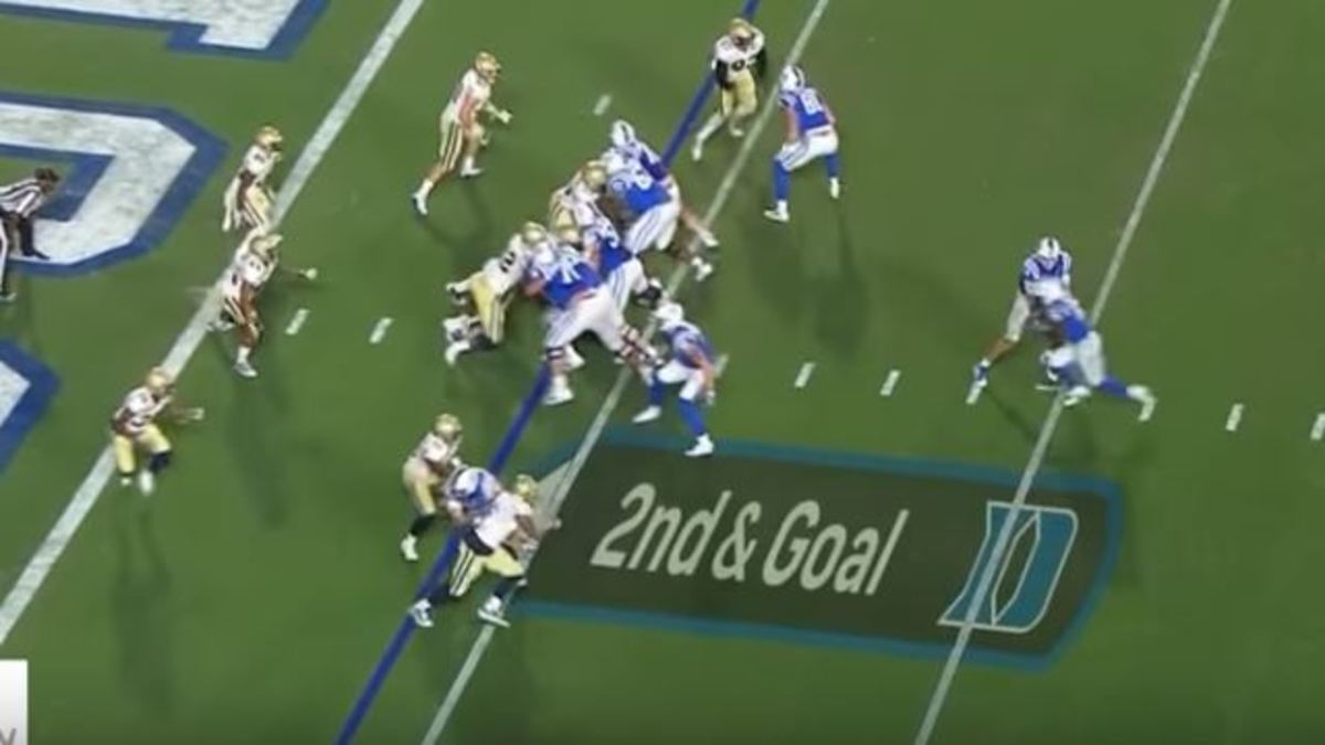 The handoff (above the Duke D) as Helm (bottom, on the blue line of scrimmage) blocks.