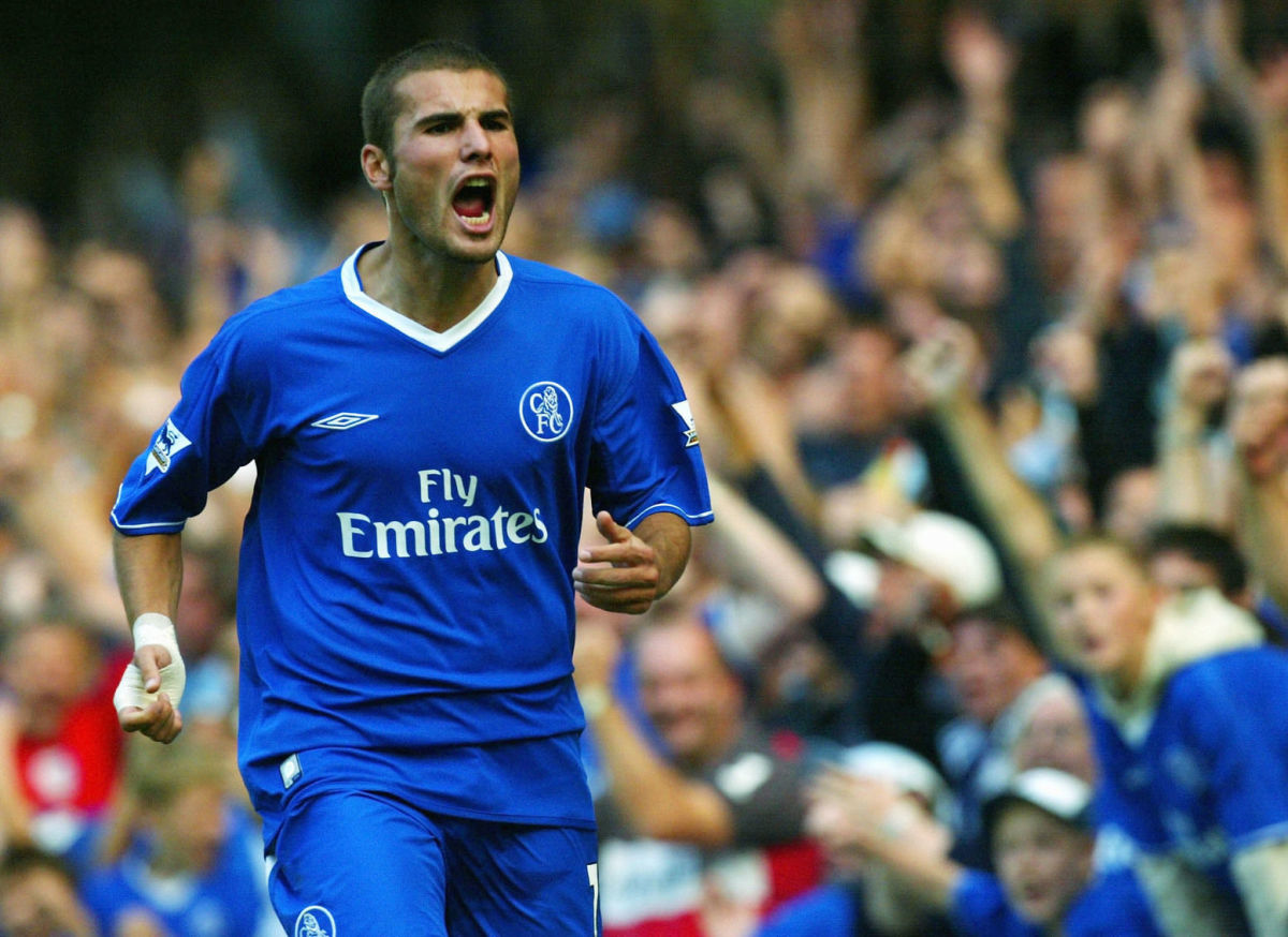 Adrian Mutu of Chelsea starts to celebrate scoring a goal but it was later disallowed