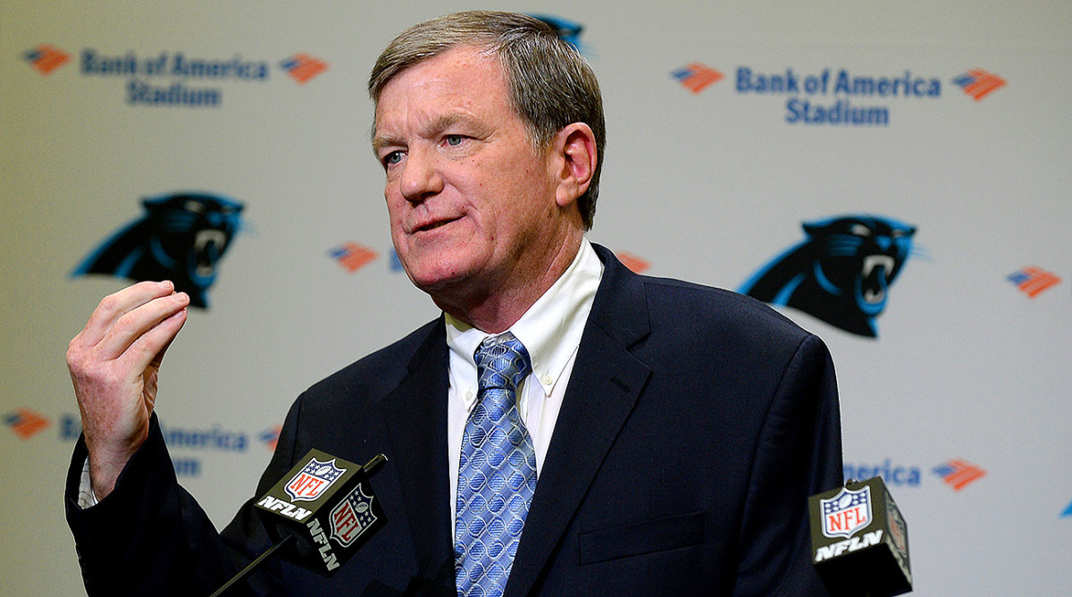 Carolina Panthers interim general manager Marty Hurney speaks to the media  during a news conference in Charlotte, N.C., Wednesday, July 19, 2017. The  Panthers rehired Marty Hurney as their interim general manager