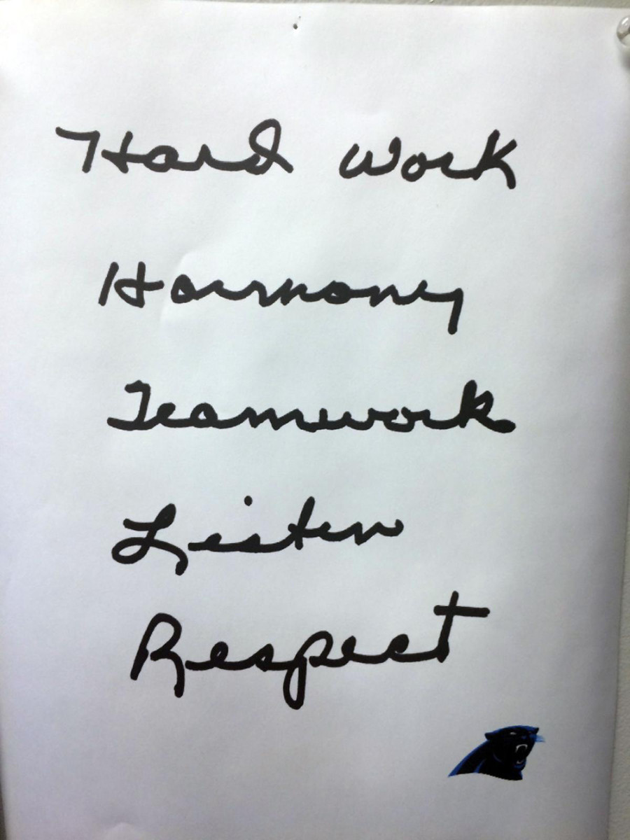 Richardson gave a note to every Panthers employee, players included, that outlined a list of his five core principles: hard work, harmony, teamwork, listen, respect.