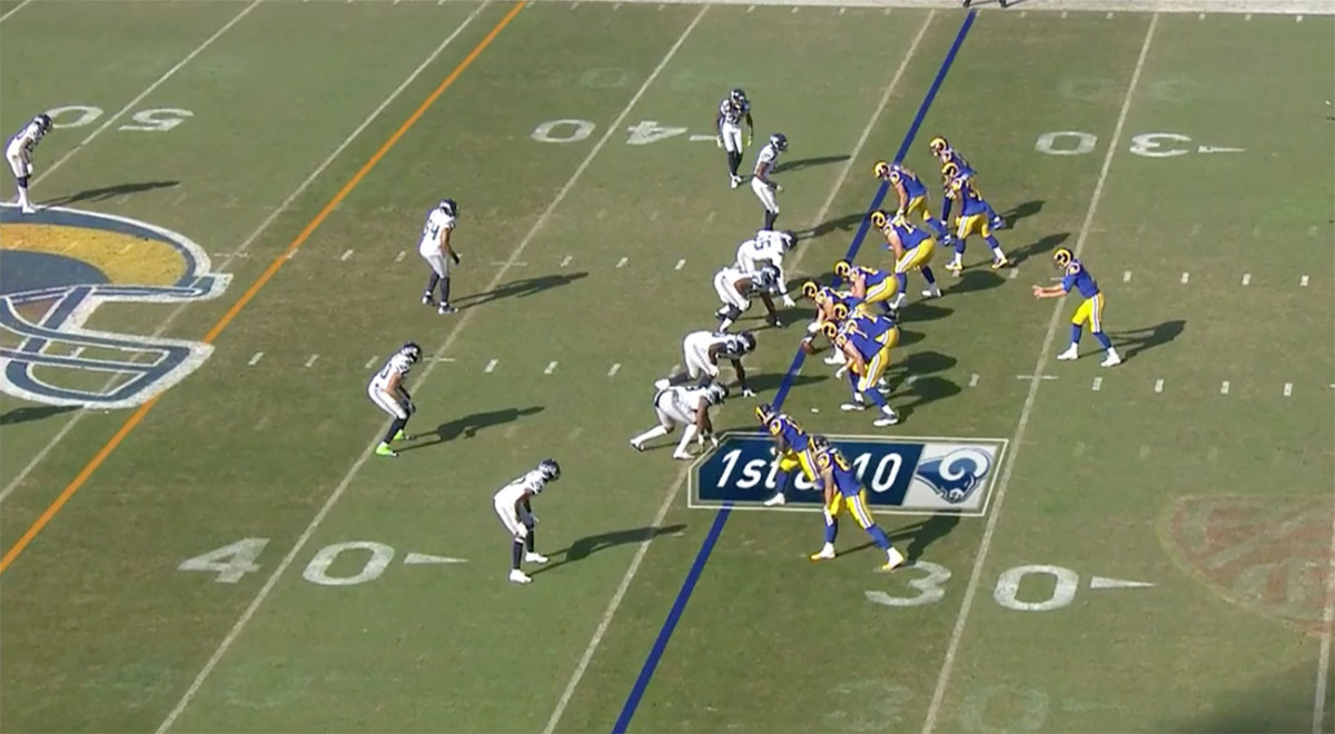 Here, Seahawks CB Tre Flowers was aligned across from Tyler Higbee at the bottom of the image, signaling to the Rams that the Seattle defense was in zone coverage.