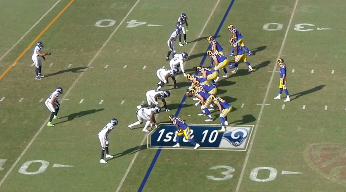 Here, TE Tyler Higbee is in tighter, leaving Brandin Cooks as the furthest outside receiver to the left (at the bottom of the image).