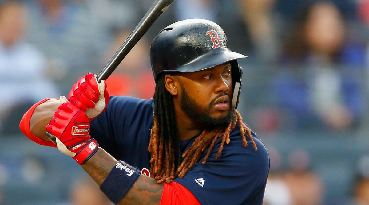 April 17, 2018: Boston Red Sox designated hitter Hanley Ramirez (13) walks  in the dugout before the game between the Boston Red Sox and Los Angeles  Angels of Anaheim, Angel Stadium in