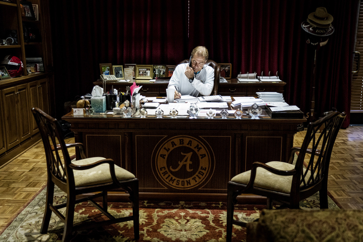 Alabama head coach Nick Saban works from his office