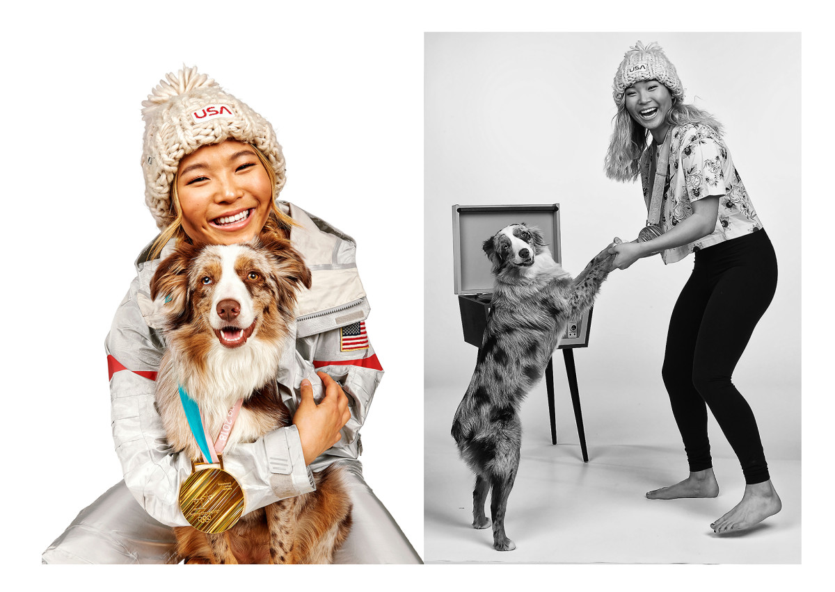 Chloe Kim poses with her dog Reese after the PyeongChang 2018 Olympics.
