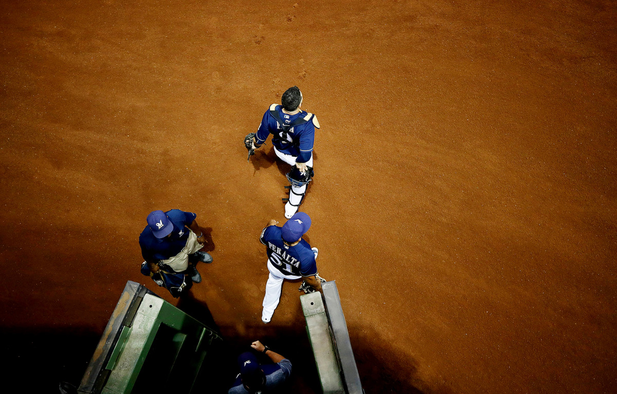 Milwaukee Brewers pitchers on the field before a game vs. the Kansas City Royals