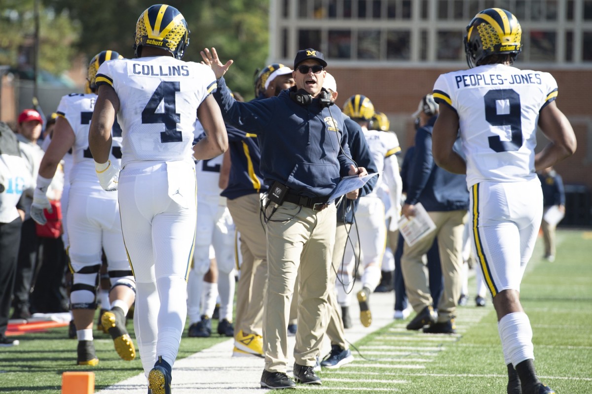 Michigan Wolverines head coach Jim Harbaugh reacts after tight end Nick Eubanks (not pictured) third quarter touchdown against the Maryland Terrapins at Capital One Field at Maryland Stadium. Mandatory Credit: Tommy Gilligan-USA TODAY Sports