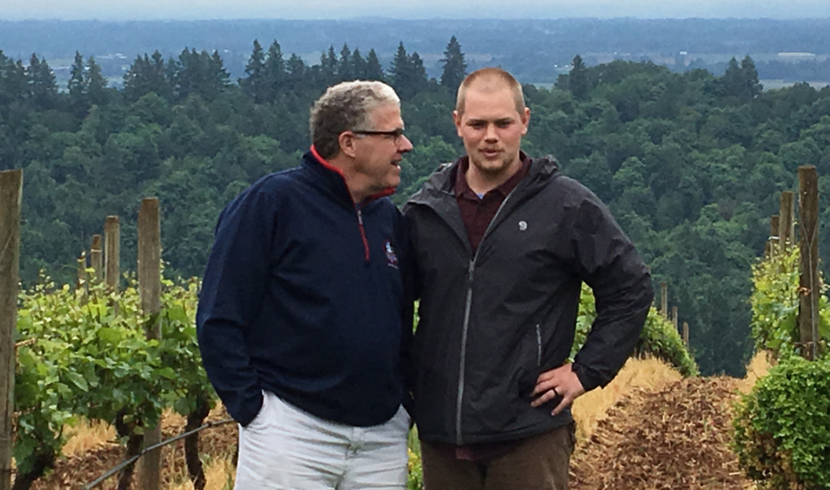 Jackson Holstein (right) with Peter King at the Granville Wines vineyard in Dundee, Ore.