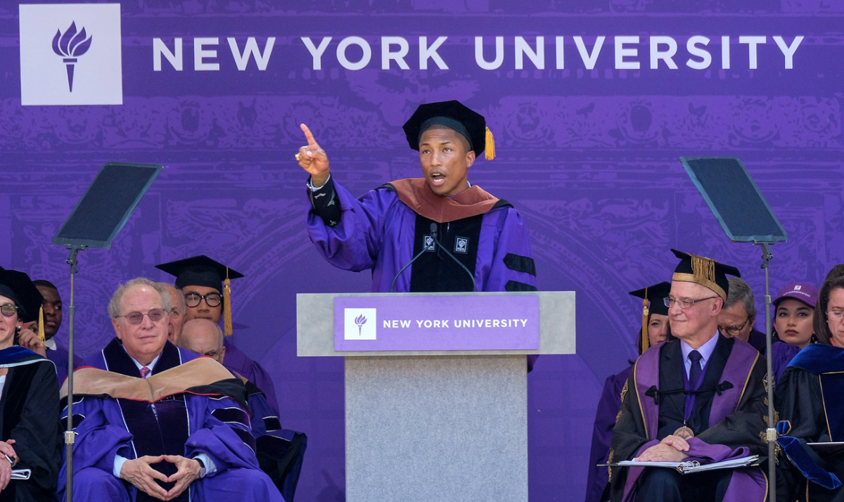 Pharrell Williams gave the commencement address at NYU, which also gave the musician an honorary doctorate.