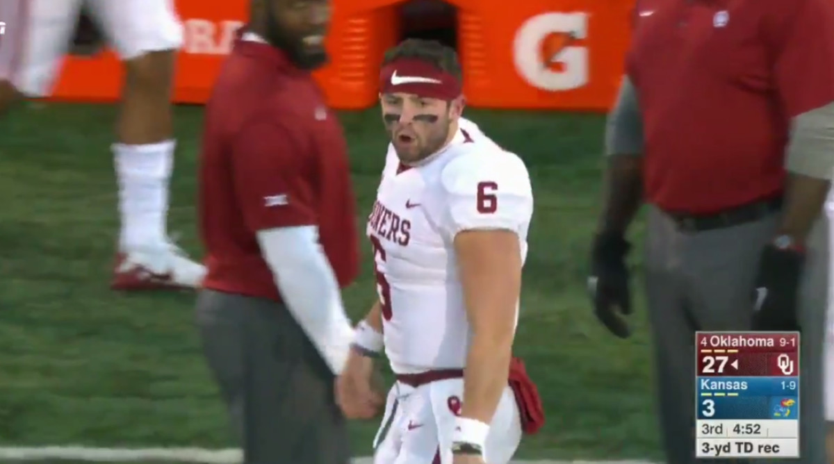 Oklahoma captains brought Baker Mayfield's jersey to the coin toss