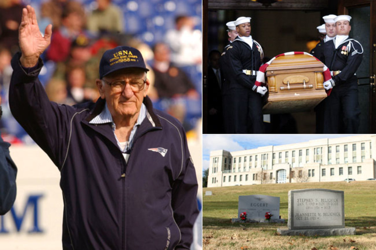 Clockwise from left: Former Navy coach Steve Belichick was honored by the Midshipmen during a halftime ceremony in October 2003. He died in November 2005 from heart failure, at age 86, and was buried in the Navy cemetery at Annapolis.