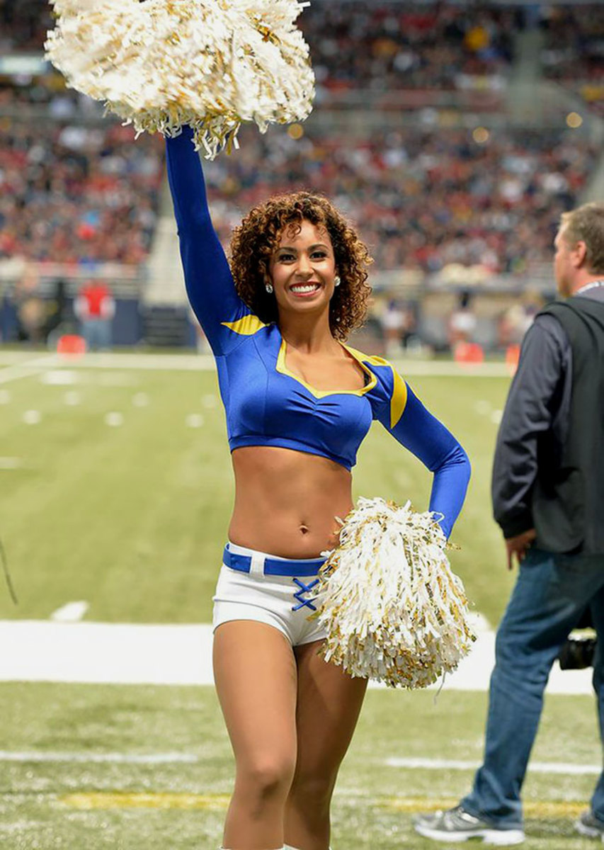 A general view of a St. Louis Rams cheerleader shaking her pom-poms