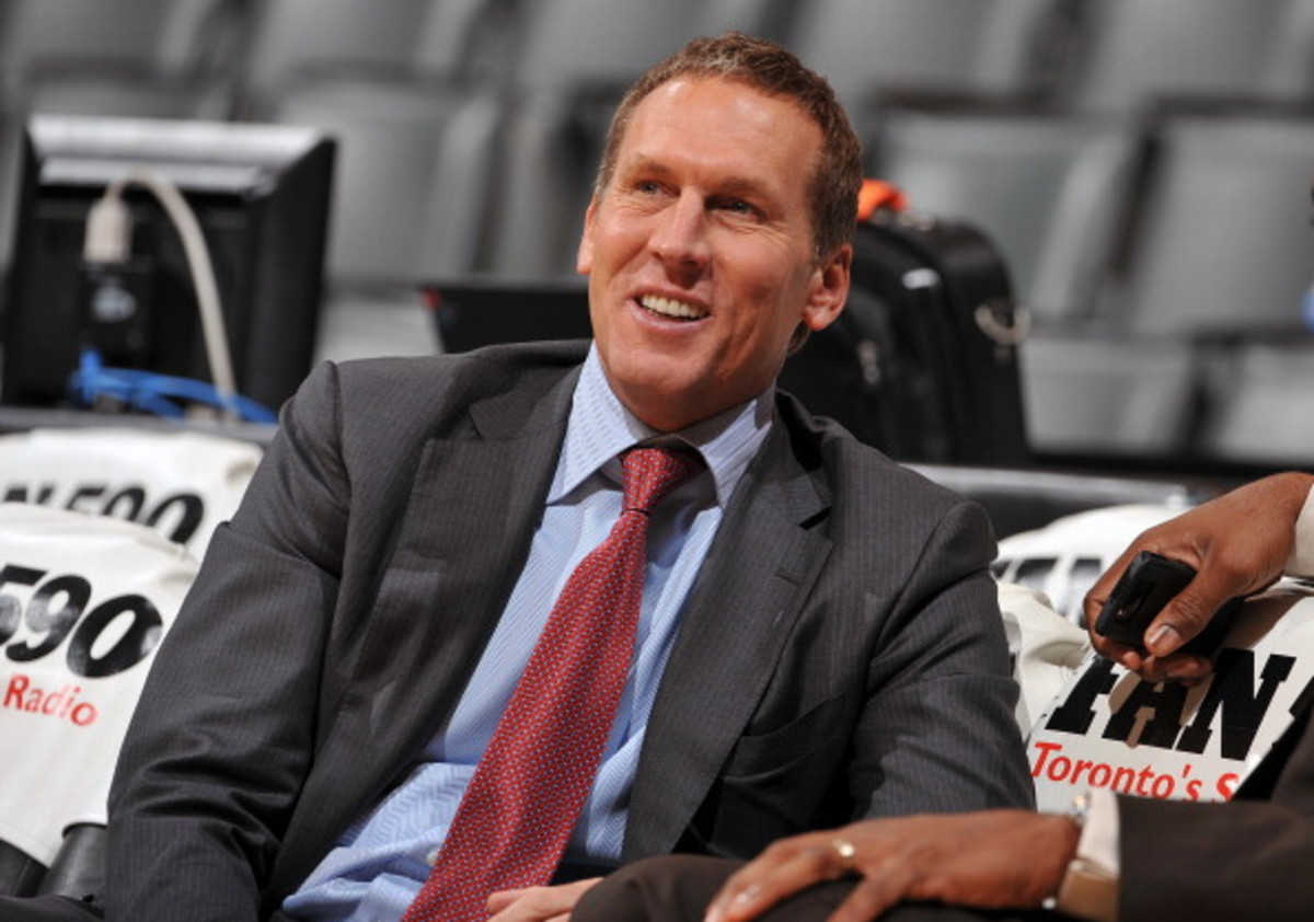 TORONTO - NOVEMBER 10: President and General Manager Bryan Colangelo of the Toronto Raptors watches his team warm up prior to the game against the Charlotte Bobcats on November 10, 2010 at the Air Canada Centre in Toronto, Ontario, Canada. (Photo by Garre