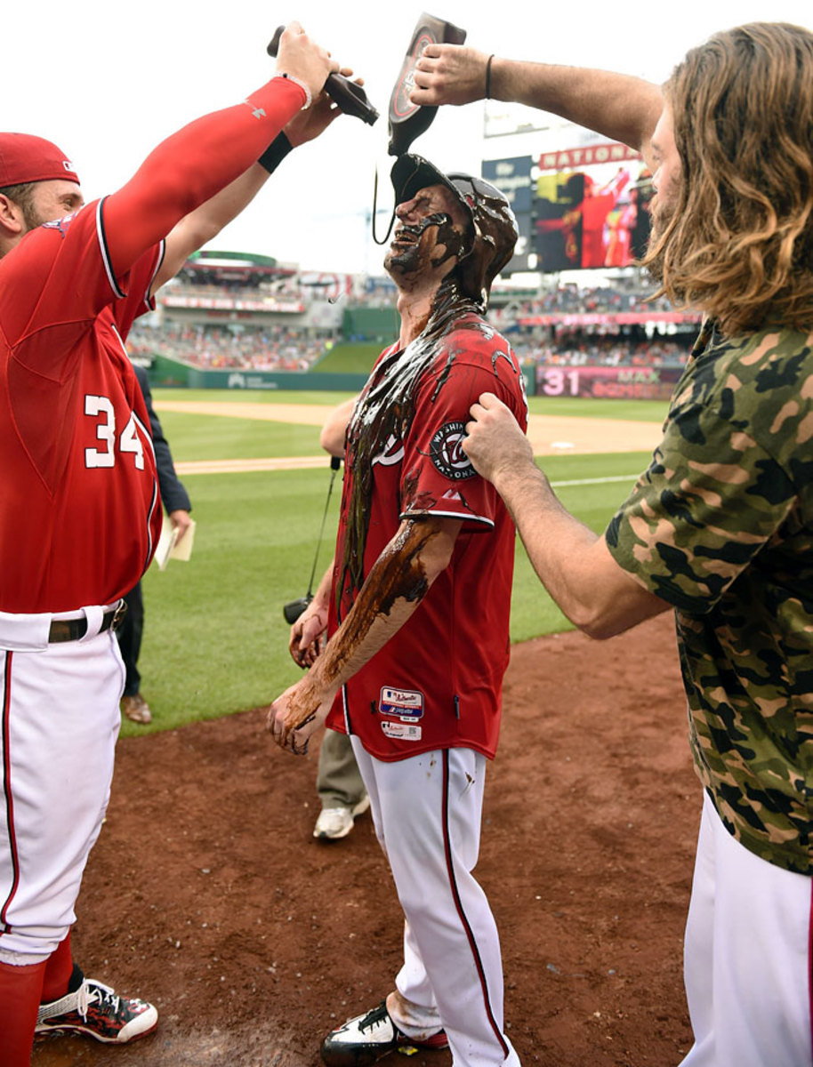 Bryce Harper celebrates walk-off homer with chocolate syrup 