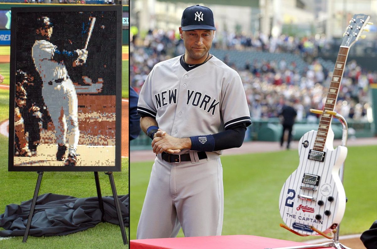 Derek Jeter adds a bronze bat to his collection of farewell gifts