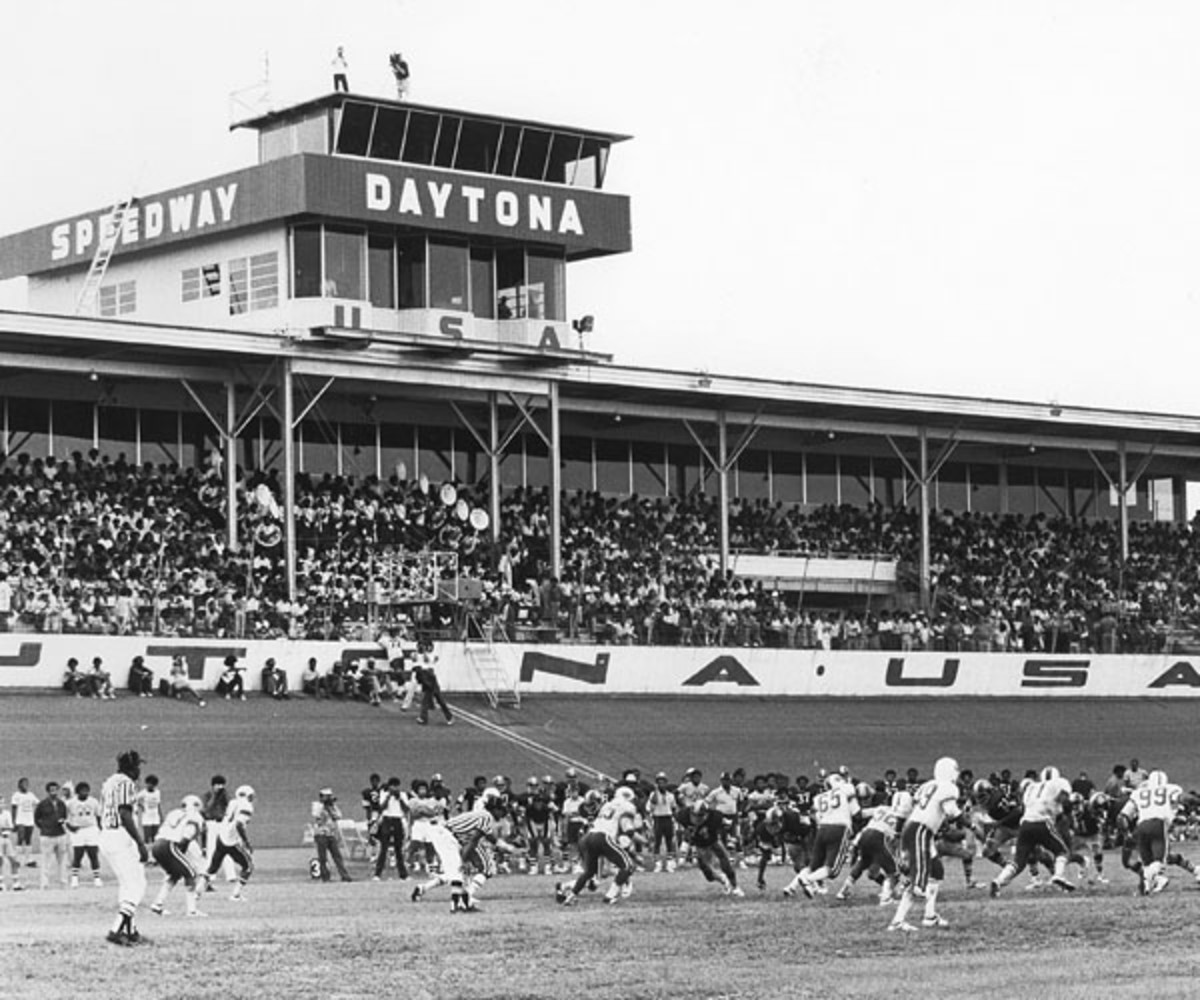 An undated football game played on the grass field at Daytona International Speedway (photo courtesy of Daytona International Speedway).