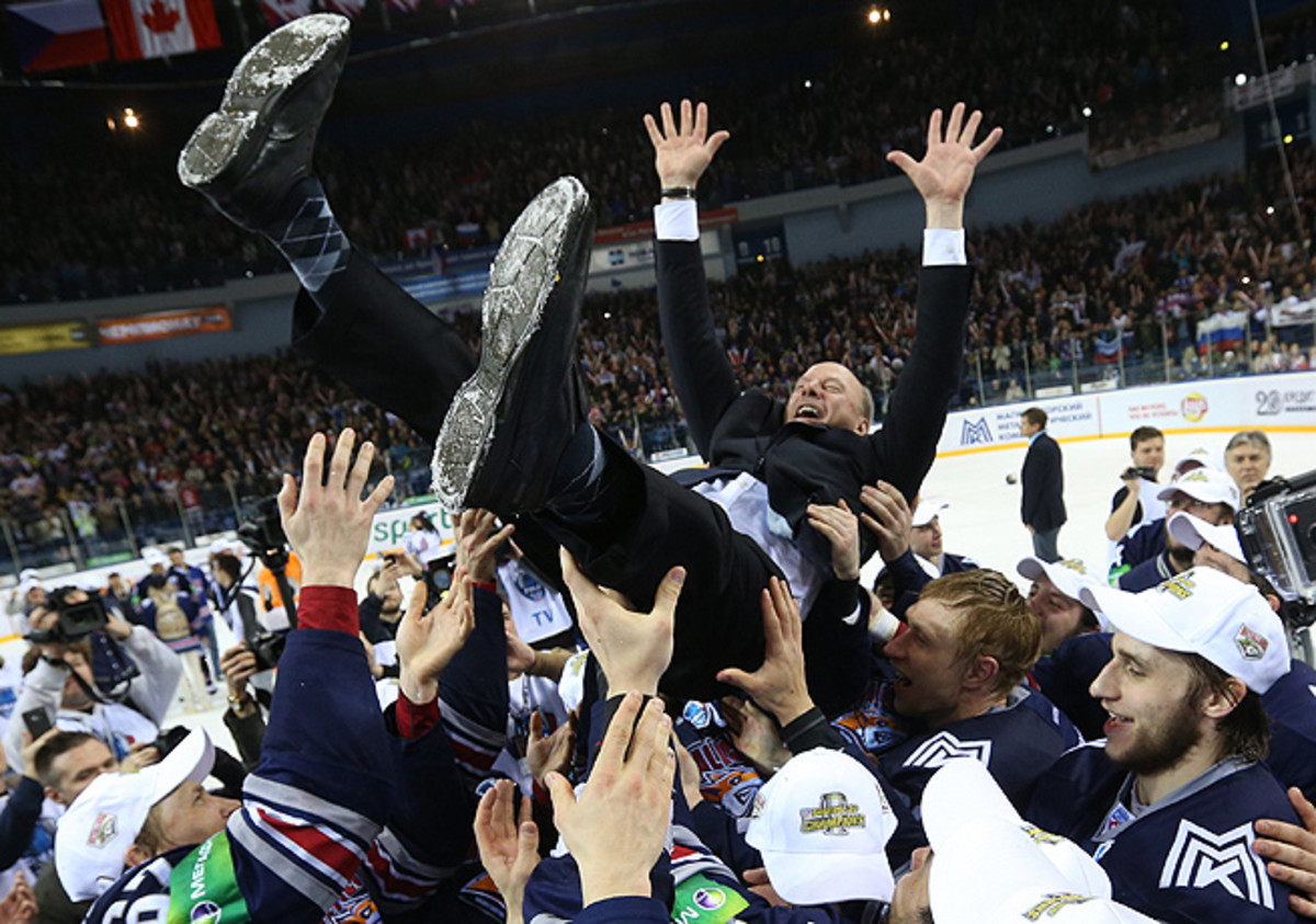 Mike Keenan was tossed up in the air by his players after winning the Gagarin Cup with Metallurg. 