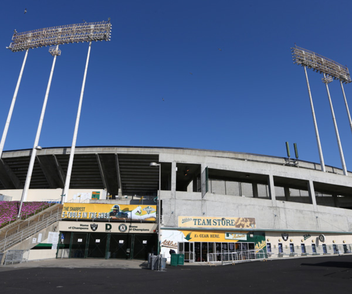 Overall exterior of the Oakland Athletics home, O.Co Coliseum (Photo by Brad Mangin/MLB Photos via Getty Images).