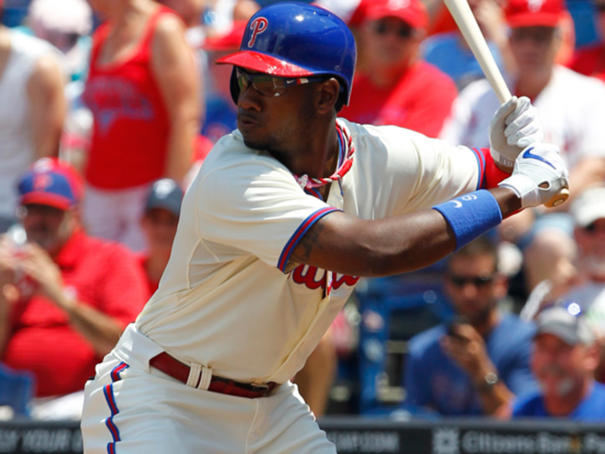 Philadelphia Phillies left fielder Domonic Brown (9) prepares for the game  against the Colorado Rockies. The