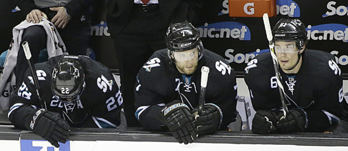 The San Jose Sharks react after blowing a 3-0 playoff series lead to the Los Angeles Kings.