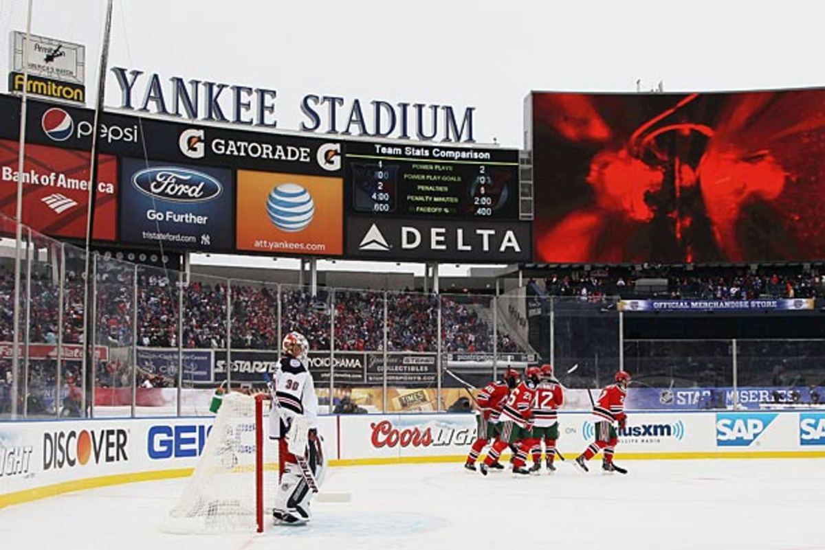 Jan. 25, 2014 - Manhattan, New York, U.S - January 25, 2014: The New Jersey  Devils gather at center ice during practice for The Stadium Series game  between The New York Rangers