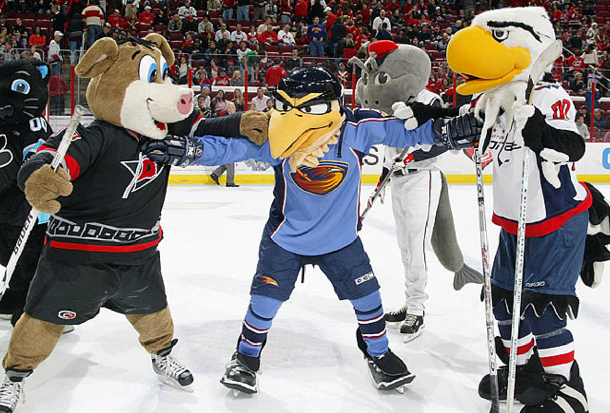 The Atlanta Thrashers mascot Thrash interacts with fans during the