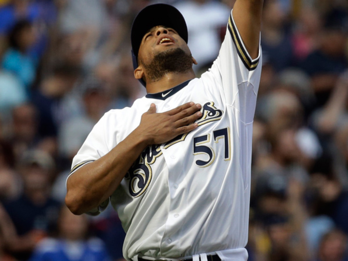 Francisco Rodriguez, celebrating previous successful attempts at not stepping on sharp things. (Morry Gash/AP)