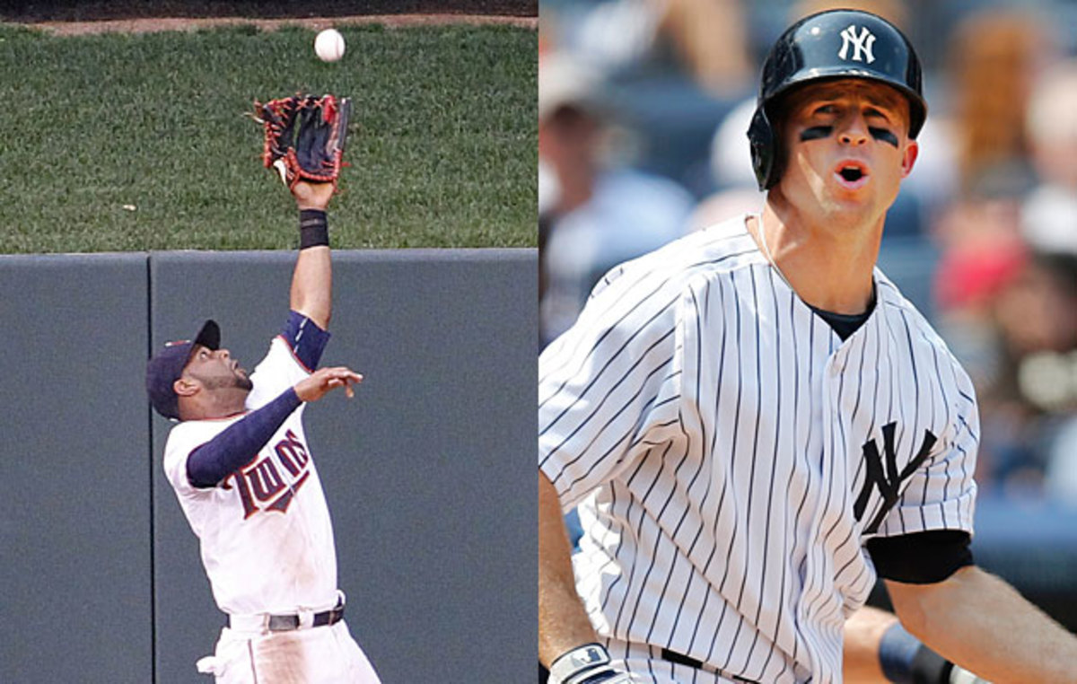 For the moment, Aaron Hicks (left) and Brett Gardner are teammates in the New York Yankees' outfield.