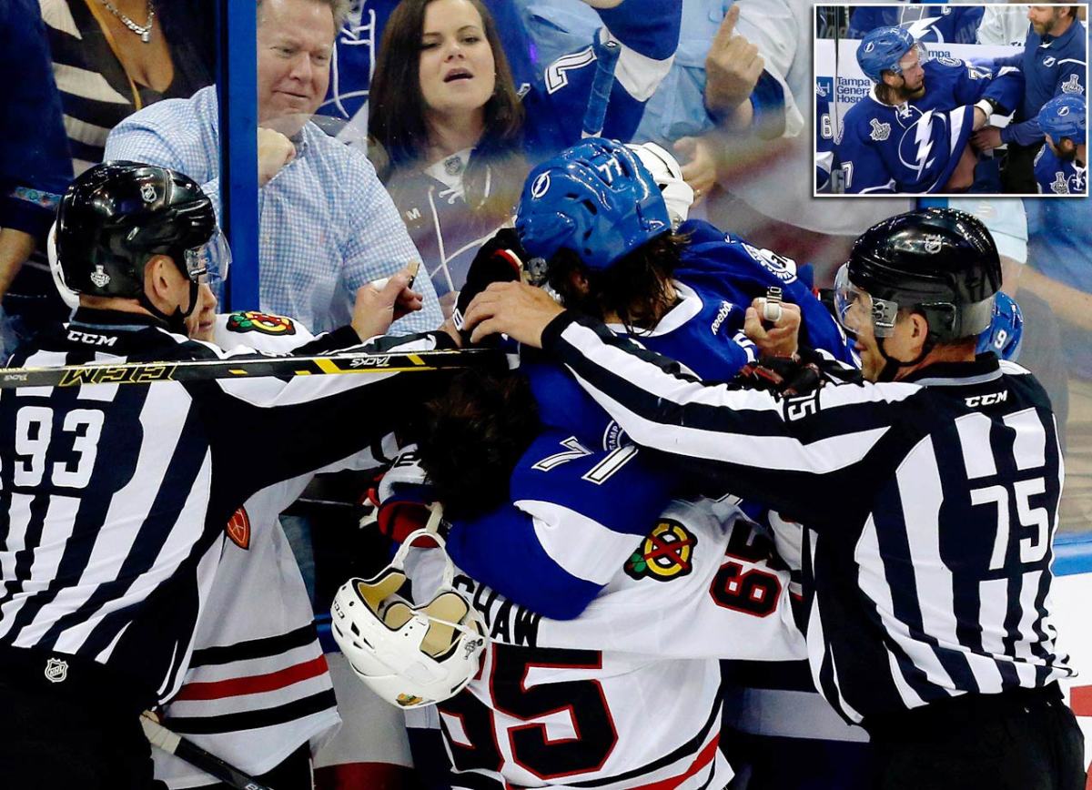 Victor Hedman of the Tampa Bay Lightning wears a Hockey Fights