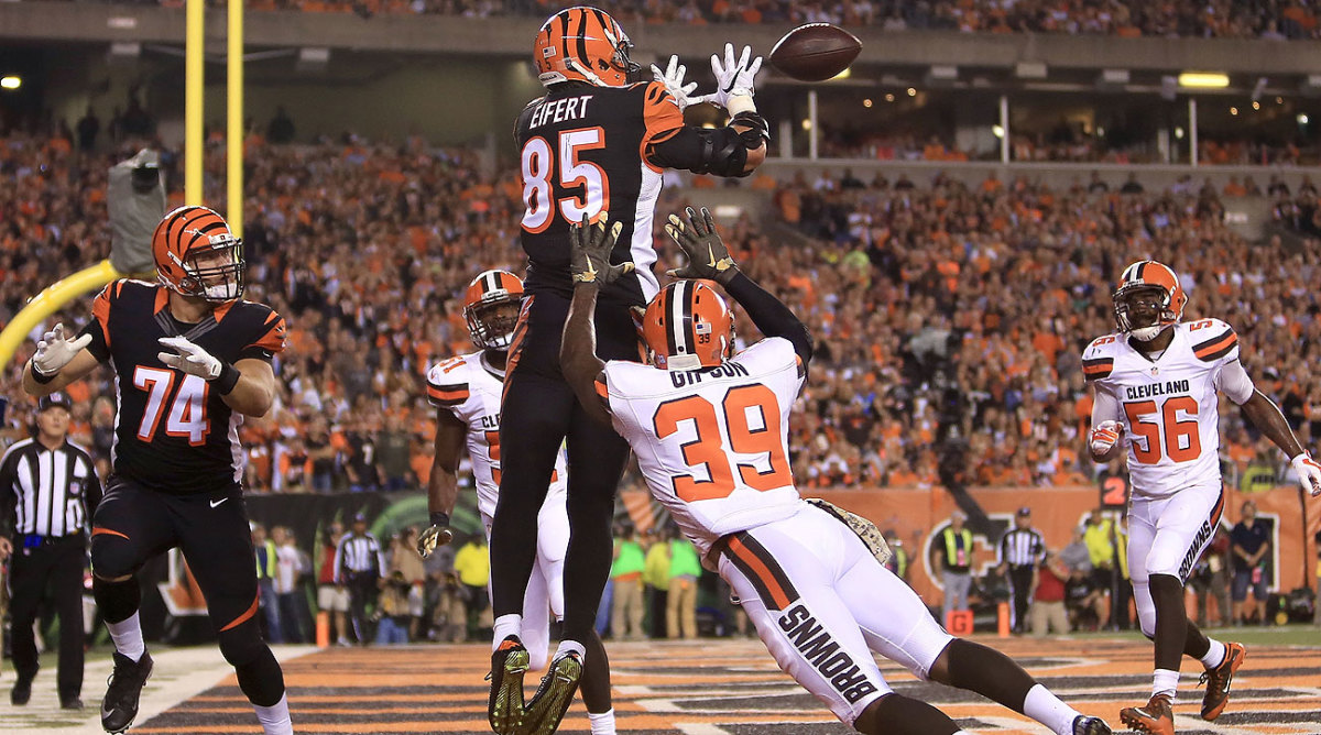 After his three-score performance Thursday night, Tyler Eifert now leads the NFL in receiving touchdowns with nine.