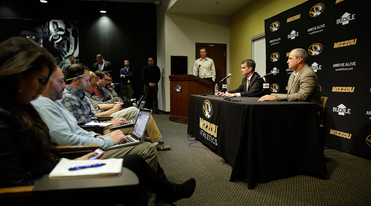 Athletics director Mack Rhoades (left) and football coach Gary Pinkel addressed the media Monday.