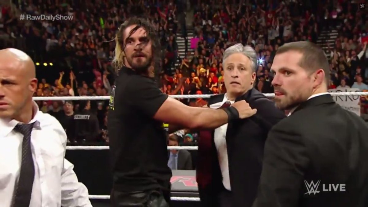 Jon Stewart, Seth Rollins Monday Night Raw Daily Show feud - Sports ...