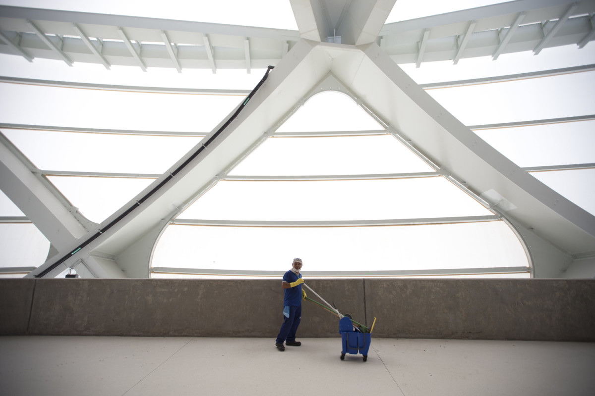 A janitor sweeps the inside of the Arena da Amazonias in preparation for the World Cup in Manaus. 