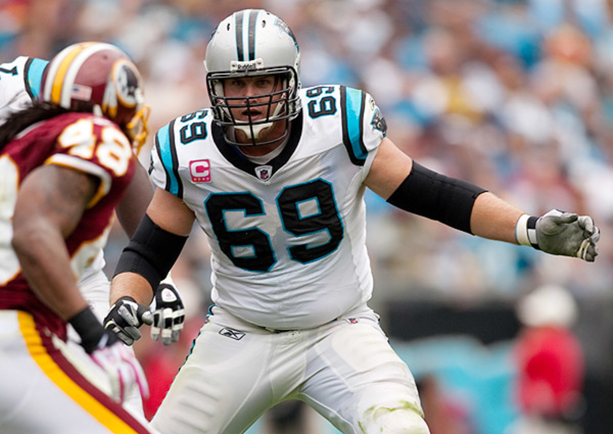 Carolina Panthers tackle Jordan Gross lines up for a play against