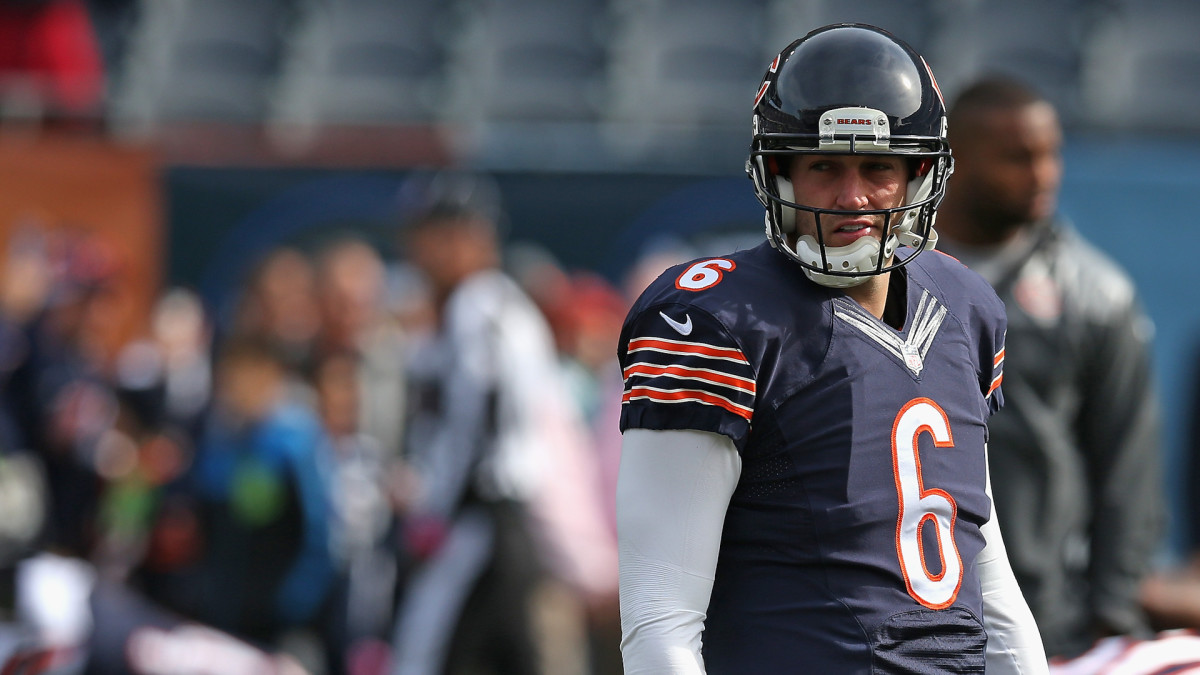 Chicago Bears receiver Brandon Marshall (15) celebrates after crossing the  goal line to cap a 31 yard touchdown pass from Chicago Bears quarterback  Jay Cutler at Cowboy's Stadium in Arlington, Texas on