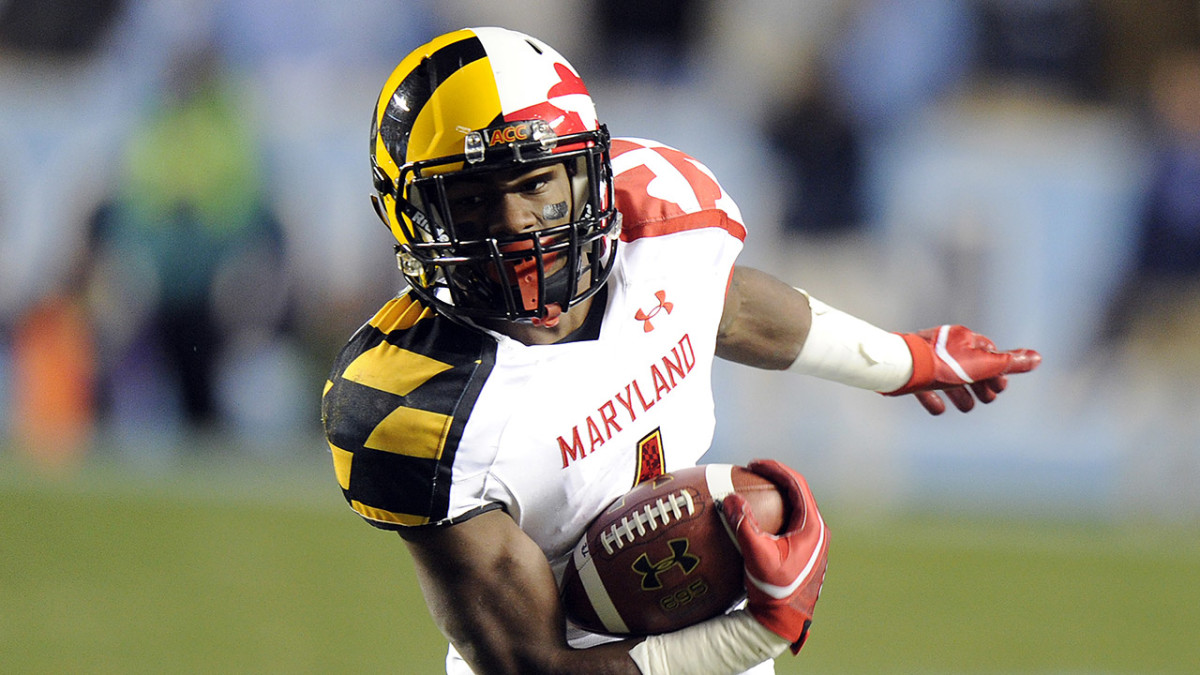 Maryland wide receiver Stefon Diggs (1) carries the ball against North  Carolina State during the first half of an NCAA college football game,  Saturday, Oct. 20, 2012, in College Park, Md. (AP