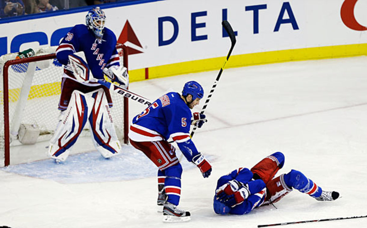 Marc Staal of the Rangers after he was hit in the face by a puck