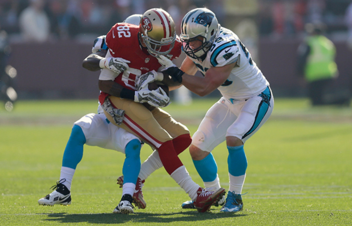 From front to back, Luke Kuechly (right) and Carolina's defense are a major problem for opponents. (Ben Margot/AP)