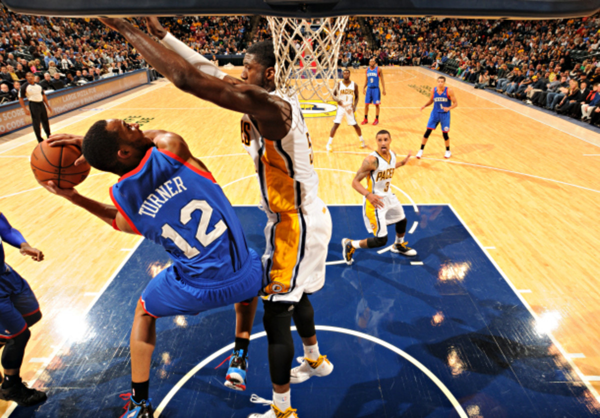Roy Hibbert is the prime case study for the NBA's "verticality" rule. (Ron Hoskins/NBAE via Getty Images)