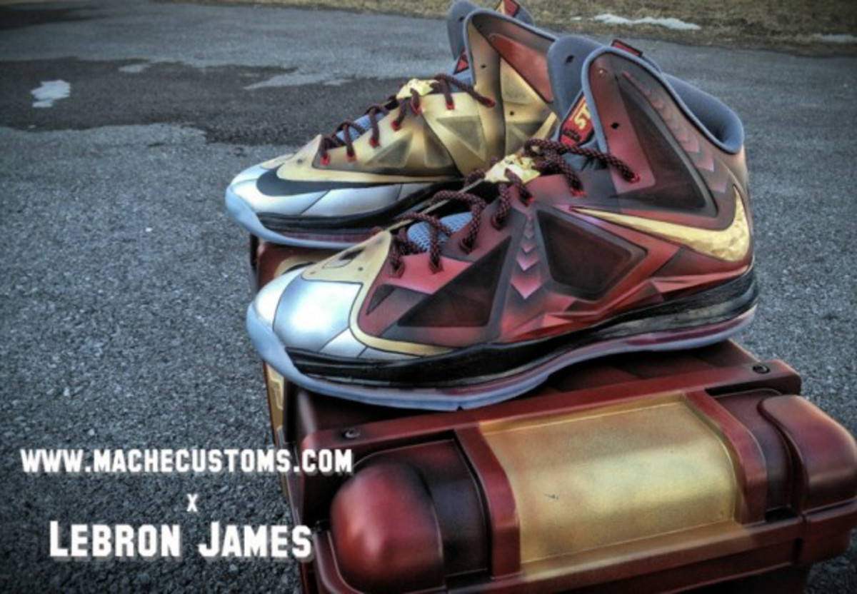 Mache Custom Kicks designed a gorgeous Iron Man-inspired edition of the LeBron X. (Photo credit: Mache Custom Kicks)